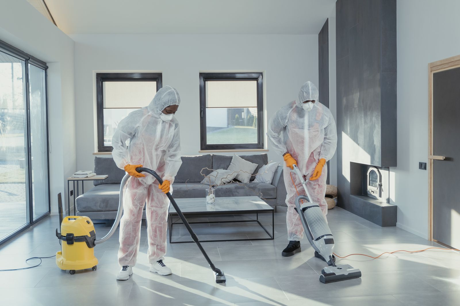 Operatori al lavoro nella pulizia e sanificazione di un ambiente interno